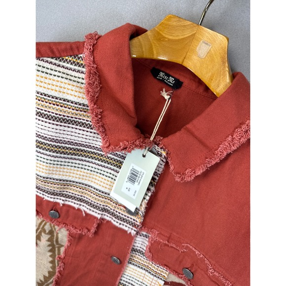NWT Miss Me Brick‎ Red Patchwork Knit Sleeve Cropped Denim Shacket Womens Size M - Picture 2 of 14